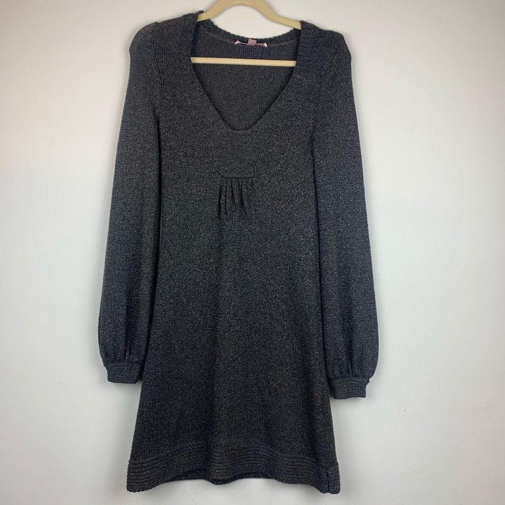 REBECCA‎ TAYLOR Black Wool Mohair Metallic V-Neck Sweater Dress Sz S